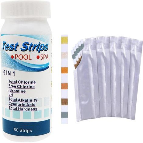 6 en 1 Testeur Chlore en Bandelette pour Piscine et Spa - 50 d'Analyse et Test l'alcalinité Totale, pH, Chlore Libre, dureté Totale, Acicyanurique et CHL Total (1/5)