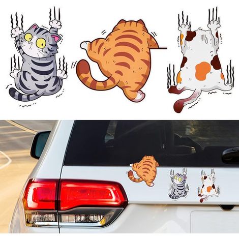 Lot de 3 autocollants pour voiture - autocollant pour vitre de voiture représentant un chat mignon qui griffe - autocollant mural (1/5)