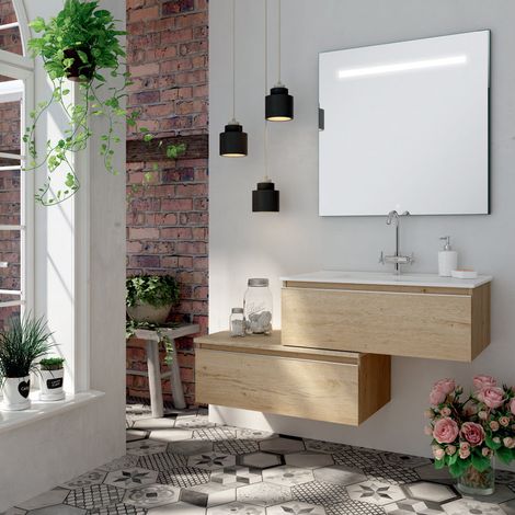 Meuble de salle de bain simple vasque - 2 tiroirs - bambou (chêne clair) - PENA et miroir Led STAM - 120cm (1/5)