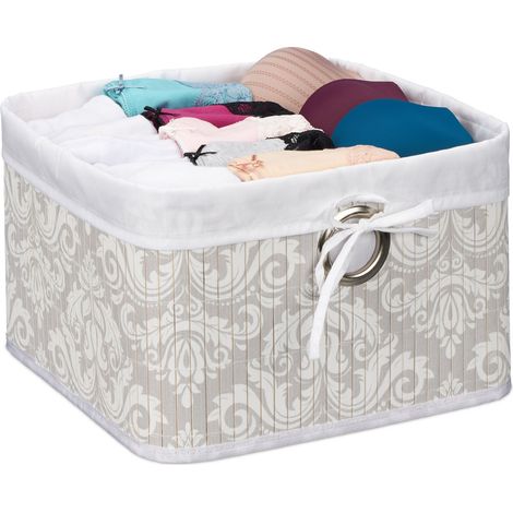 Relaxdays Cesto Almacenamiento Bambú Estampado, Funda Tela, Baño, 20x31x31 cm, Cesta Plegable, Cuadrado, Gris y Blanco