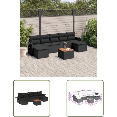 The Living Store 8-tlg. Garten-Sofagarnitur mit Kissen Schwarz Poly Rattan - Gartenmöbel Set - PE-Rattan Möbel - Outdoor Lounge - Esszimmergarnitur - Balkonmöbel (1/3)