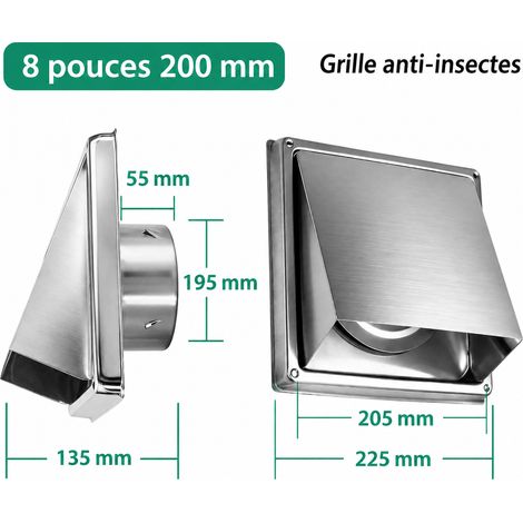 Grille d'aération murale extérieure inox 8 pouces 200 mm avec clapet intégré chapeau ventilation sèche-linge – 23 × 23 × 14 cm – Livraison gratuite (1/4)