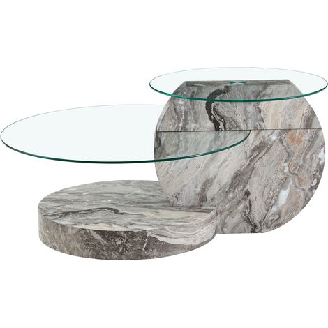 Mesa de centro moderna minimalista de cristal templado de dos niveles con efecto mármol gris y MDF (1/5)