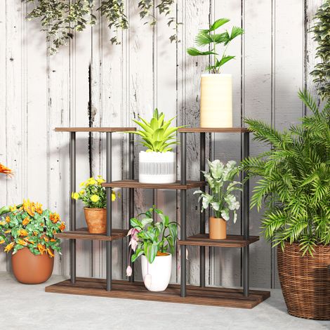 Supporto per fiori a 4 livelli, supporto per piante a 4 gradini, porta vasi per fiori per uso interno ed esterno, in legno e acciaio. (1/5)