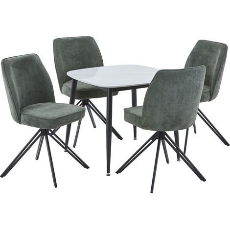 Aspen Gloss White Sintered Stone Square Table & 4 Green Swivel Dining Chairs - Metal/Fabric - L69 x W46 x H92 cm