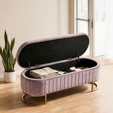 Banc de rangement rembourré 130 cm rose pieds métal doré (1/5)
