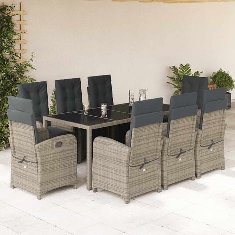 Ensemble repas de jardin 9 pièces en résine tressée gris avec table et 8 fauteuils inclinables, 113.8kg - PANGIVO (1/5)