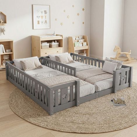 Kinderbett - Bodenbett - Doppelbett - 90 x 200 cm - Sternenmuster - Massivholz - Grau