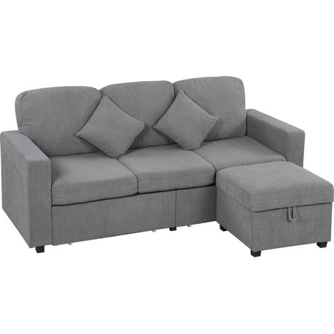 3-Sitzer-Ecksofa, modulares Samt-Ecksofa mit Knopfheftung, abnehmbarer Fußstütze, Stauraum, Kissen, wendbar, 196 x 139 x 85 cm (Hellgrau)