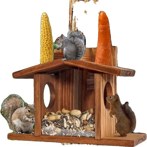 Nourrisseur pour écureuil, Bois de pin + Acrylique, 12,5 x 8 x 6 pouces, Contient une variété de graines et de noix, Toit supérieur à charnière, Utilisation en extérieur (1/5)