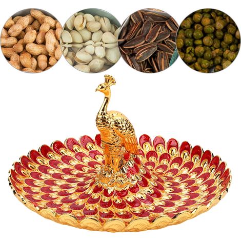 Plateau de service rond en métal en forme de paon, idéal pour les amuse-gueules, les fruits et les desserts. Parfait pour un buffet à la maison, un hôtel ou un bar. Décoration dorée et rouge. (1/5)