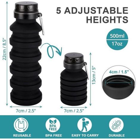 Bouteille d'eau pliable en silicone 500 ml, sans BPA, anti-fuite, avec mousqueton, pour voyage, randonnée, fitness, couleur noire (1/4)