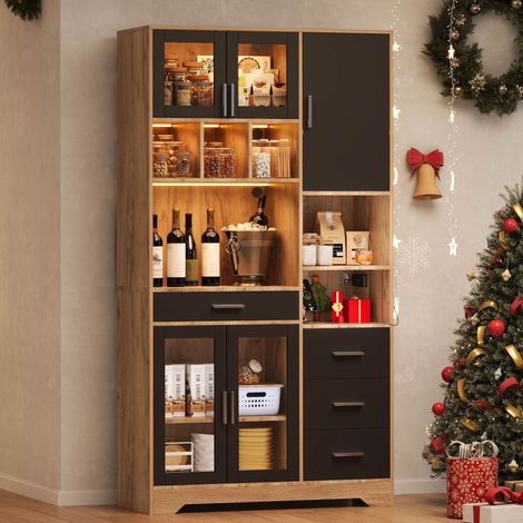 Buffet Haut Style Ferme Moderne 100cm, Armoire de Salon avec Lumière d'Ambiance et Prises, Portes en Verre et Rangement Ouvert - Noir