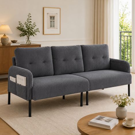 Sofá 3 plazas 171x72x80 cm en tejido acanalado gris con respaldo ergonómico, reposabrazos y bolsillo lateral (1/5)