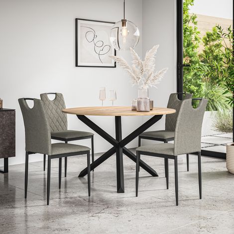 Malvern Round Dining Table And Chairs -  Oak Table Top w Solid Oak Black Legs + Monza Fabric Dining Chair Set Of 4 (Grey) (1/5)