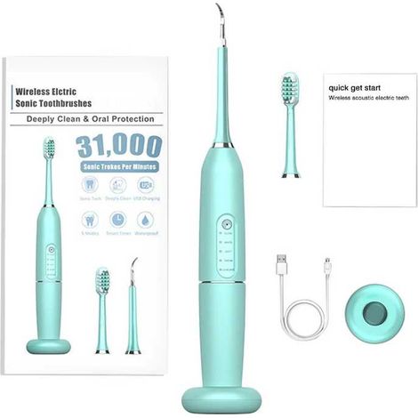 Nettoyeur de dents, brosse à dents portable, détartreur, 31 000 vibrations par minute, étanche niveau 6, avec tête de brosse, station de charge (verte) (1/5)
