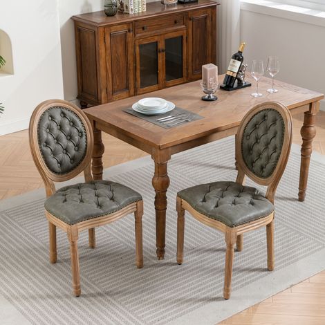Lot de 2 Chaises en Bois Massif - Dossier confortable en similicuir, finition vieillie (patinée) - assise rembourrée - style campagnard, Vert olive (1/5)