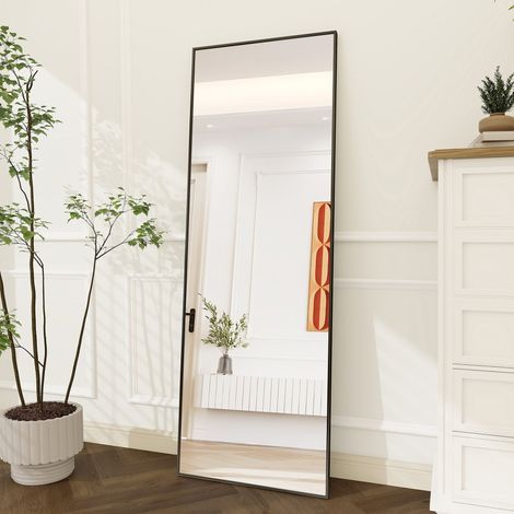 Miroir,Miroir sur pied,Miroir pleine,164x54 cm,avec Support,Rectangulaire,cadre en alliage d'aluminium,pour Salon,Chambre,Noir (1/5)