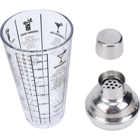 Shaker da cocktail in vetro da 414 ml, coperchio in acciaio inox, filtro integrato, dispenser trasparente con doppia graduazione e ricettario per serate bar a casa. (1/5)