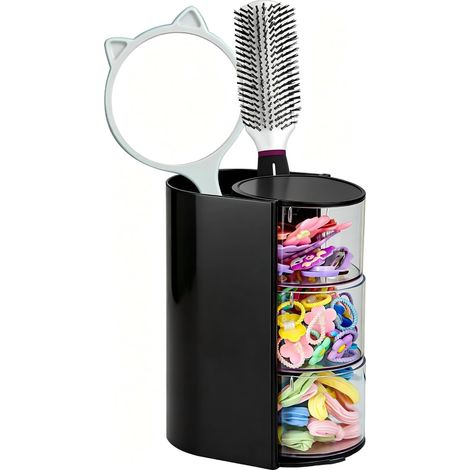 Organisateur de salle de bain rotatif noir, rangement pour cotons-tiges, cotons, accessoires cheveux et pinceaux de maquillage, boîte pratique pour coiffeuse (1/5)