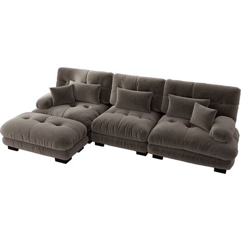 CAIziCanapé d’angle modulaire luxueux - grand canapé nuage surdimensionné en L pour salon, canapé-lit profond avec ottoman, chenille marron (1/5)