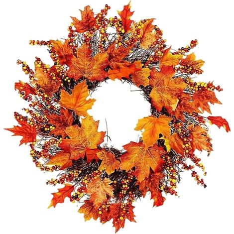 Couronnes d'automne pour Porte d'Entrée - Couronne d'automne 45 cm Décoration Murale Feuilles d'Érable et Baies pour Intérieur Extérieur Porche Intérieur Extérieur Porche Patio (1/5)