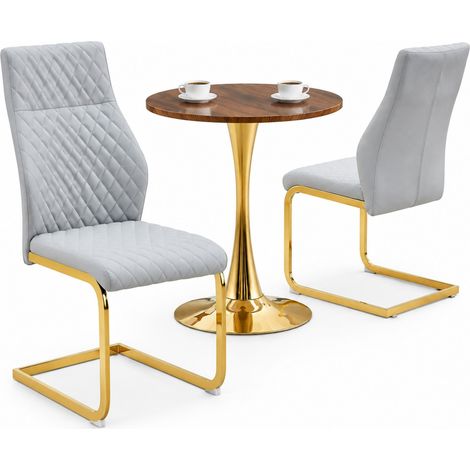 ELVMI Tisch- und Stuhlset mit 1 Rundem Tisch und 2 Esszimmerstühlen, MDF, Metall und PU-Leder, Nussbaum, Gold und Hellgrau (1/5)