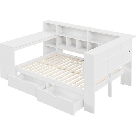 Letto piattaforma ad angolo 140x200 cm con scrivania, scaffale e LED, bianco (1/5)