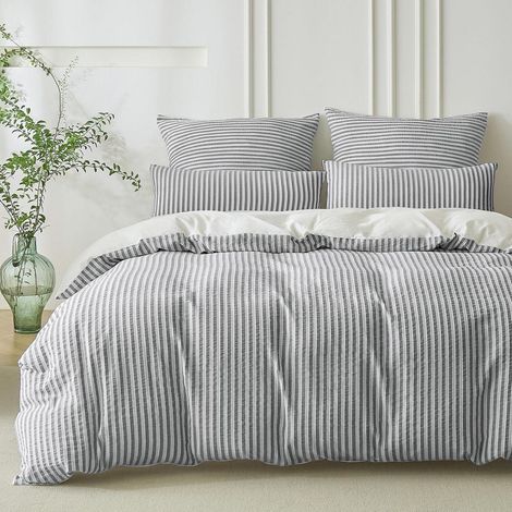 Parure de lit 220x240 Coton Jacquard Rayé Oeko-TEX Gris foncé Blanc 3 pièces