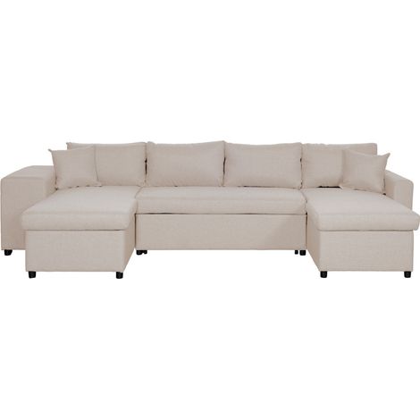 Canapé d'angle panoramique OSLO convertible avec coffres et poufs à gauche en tissu - Beige (1/5)