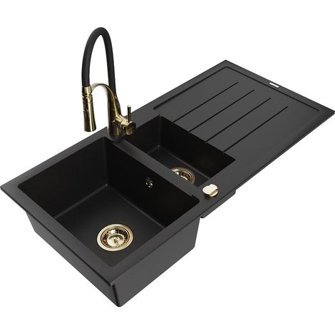 Mexen Andres 1,5-Becken-Granitspüle mit Abtropffläche und Mischbatterie Aster, Schwarz - 6515-77-73450-57-G (1/5)