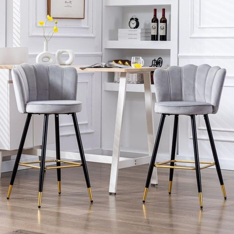 Wahson 2 set Sgabelli Cucina in Velluto, Sgabelli Alti Imbottiti con Gambe in Metallo Moderni per Cucina Bancone, Grigio