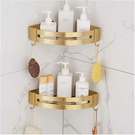 Mensole angolari sospese per bagno - Mensola da parete in alluminio spazzolato oro - Porta shampoo, cosmetici, bagnoschiuma - Antiruggine - Robusto e compatto - Oro spazzolato 2 (1/4)
