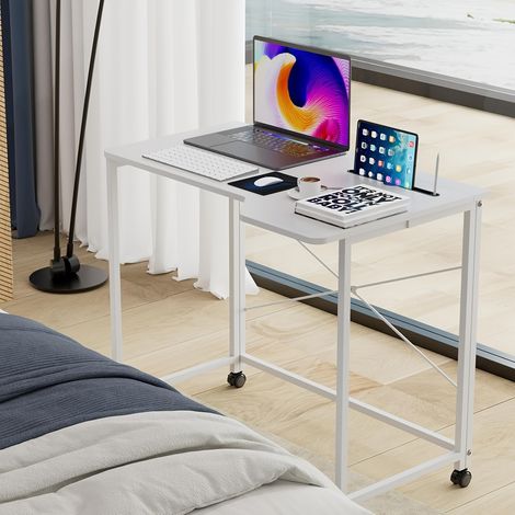 Bureau Pliable en Bois Massif avec Roulettes Bloquables - Bureau PC Économiseur d'Espace 90x56x75cm  Charge Maximale 150kg, Avec emplacement pour carte iPad  - Idéal Studio Parisien/Télétravail (Aucun (1/3)