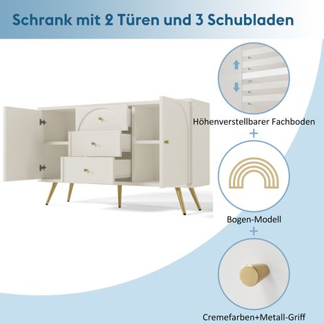 Commode blanche à 2 portes et 3 tiroirs, meuble de rangement avec étagères réglables, pour salon et chambre, blanc crème, H84 x L140 x P40 cm (1/5)