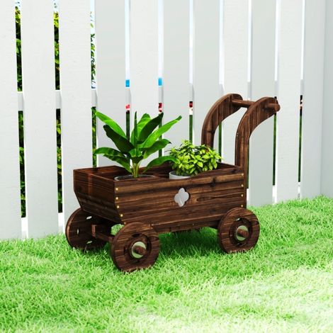 Bac potager sur roues en bois de sapin carbonisé style charrette vintage 68×38×52 cm, avec poignée et trous de drainage, déco jardin terrasse