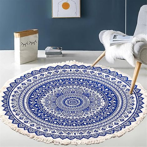 Runder Teppich, Mandala Böhmischer runder Teppich mit Quaste Handgemachte Weben Baumwolle Waschbare Bohemian Stil Teppich, Schlafzimmer Korridor Wohnzimmer Couchtisch Bodenmatte (90 x 90cm)