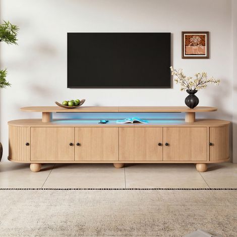 Mueble tv 180x40x48 cm para salón - mesa televisión retro de madera mdf con luces led y puertas correderas - natural (1/5)