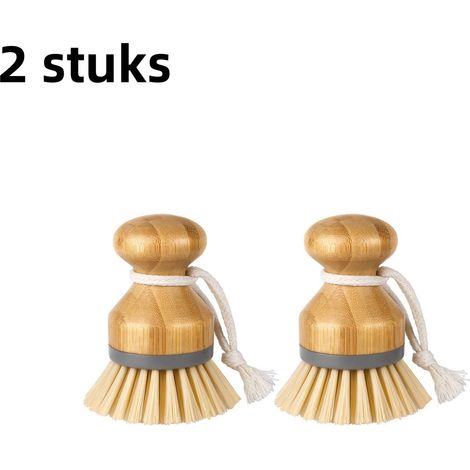Brosse de nettoyage de poêles en 2 pièces - Brosse de nettoyage de poêles à tête tamponnée en bambou - Bois - Brosse de nettoyage de cuisine créative - Grise [avec corde en coton] (1/5)