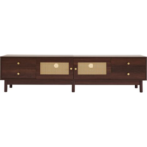 Mueble TV de 180 cm en madera oscura con puertas de ratán, 4 cajones y pasacables para 80 pulgadas (1/5)