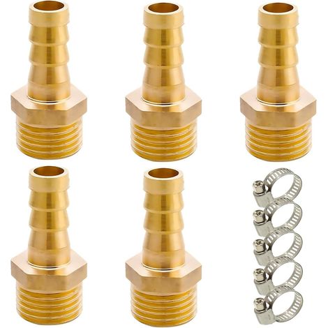 5 Pièces Raccord Cannelé en Laiton pour Tuyau, Embout de Tuyau en Laiton G3/8" Mâle, Raccords Cannelés 3/8" BSP Mâle x 10 mm Adaptateur de Tube avec 5 Colliers de Serrage, Raccord Fileté (1/5)