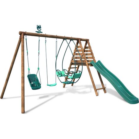 Portique en bois rond 3 agrès avec balançoire bébé et toboggan COLZA