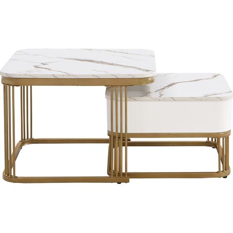 Table basse empilable avec surface effet marbre brillant blanc et accents dorés, ensemble 2 pièces avec tiroir (1/5)