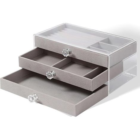 Scatola portagioie impilabile a 3 cassetti in acrilico grigio trasparente con rivestimento interno in velluto (1/5)