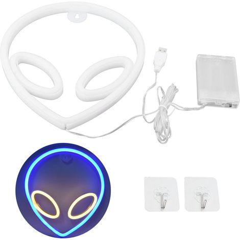 Lampe Néon Alien - LED RVB Bleu + Chaud - Décoration Murale ou Bureau - 22 x 20 cm - Alimentation USB ou Piles AA - 1 Pièce