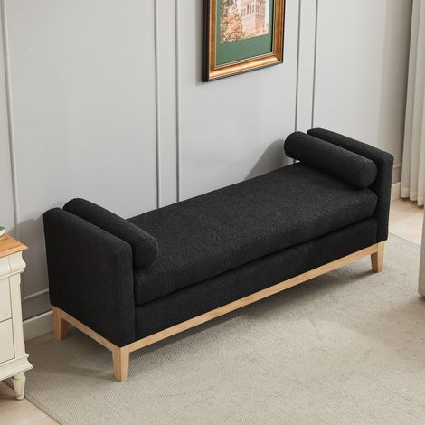 Panca imbottita ai piedi del letto con 2 cuscini cilindrici, gambe in legno, tessuto bouclé nero