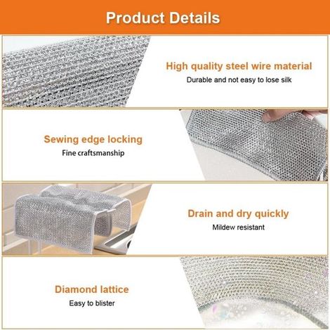 Lot de 15 lingettes en fil métallique – 20x20 cm – Anti-rayures – Humide et sec – Multifonctions