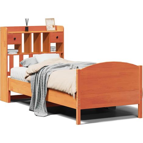 Lit simple  Lit adulte  Lit bibliothèque sans matelas cire marron 75x190 cm pin massif