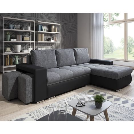 Canapé Angle Convertible + 2 Poufs CASA BAOLI Simon - Noir et gris (1/5)