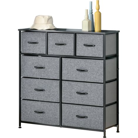 Commode à 9 tiroirs, meuble de rangement avec tiroirs pliables en tissu – structure en acier noir – 100 x 30 x 100 cm, noir et gris